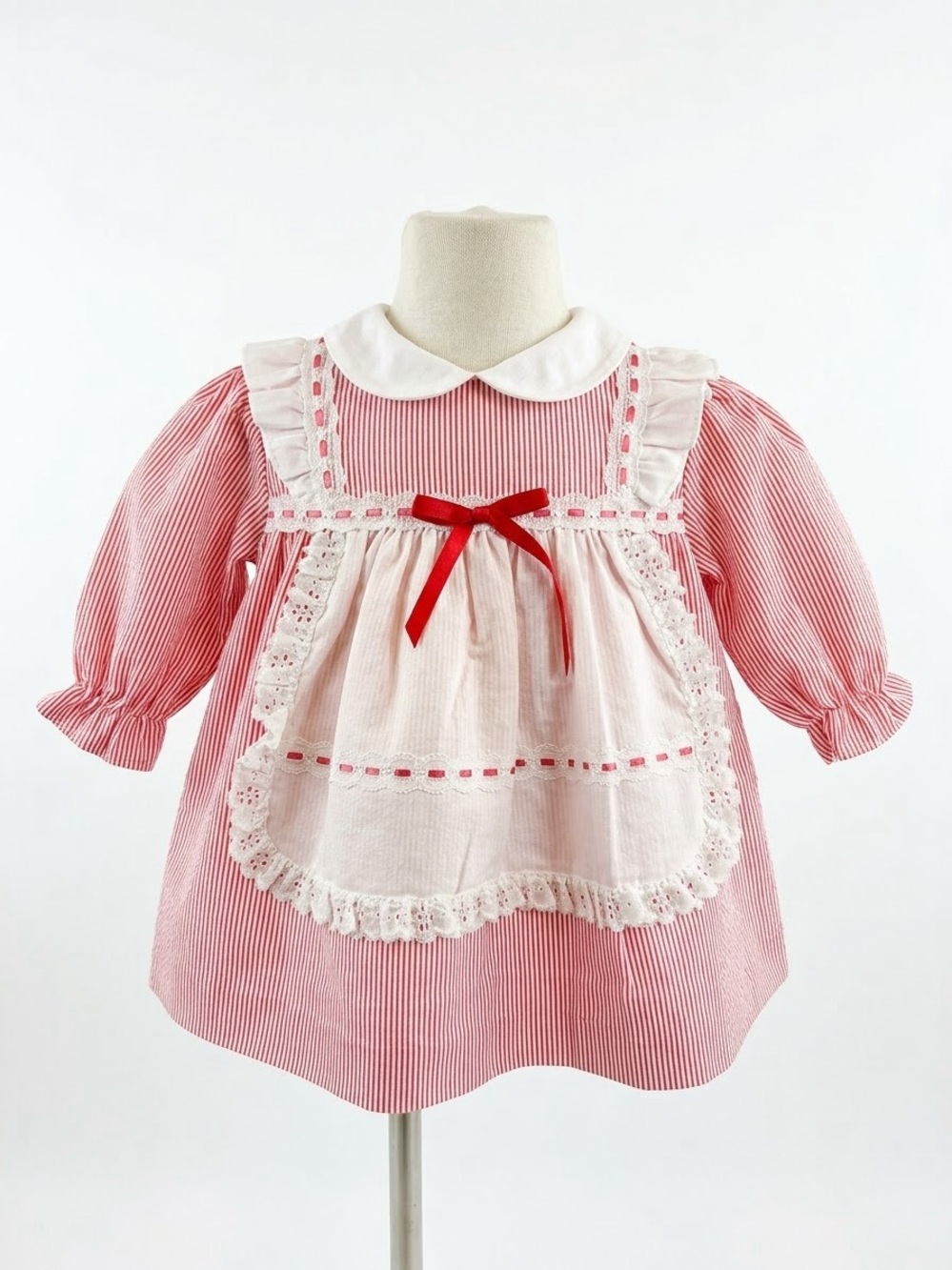 Vintage Red & White Girls' Pinstripe Dress with Lace Apron and Bow